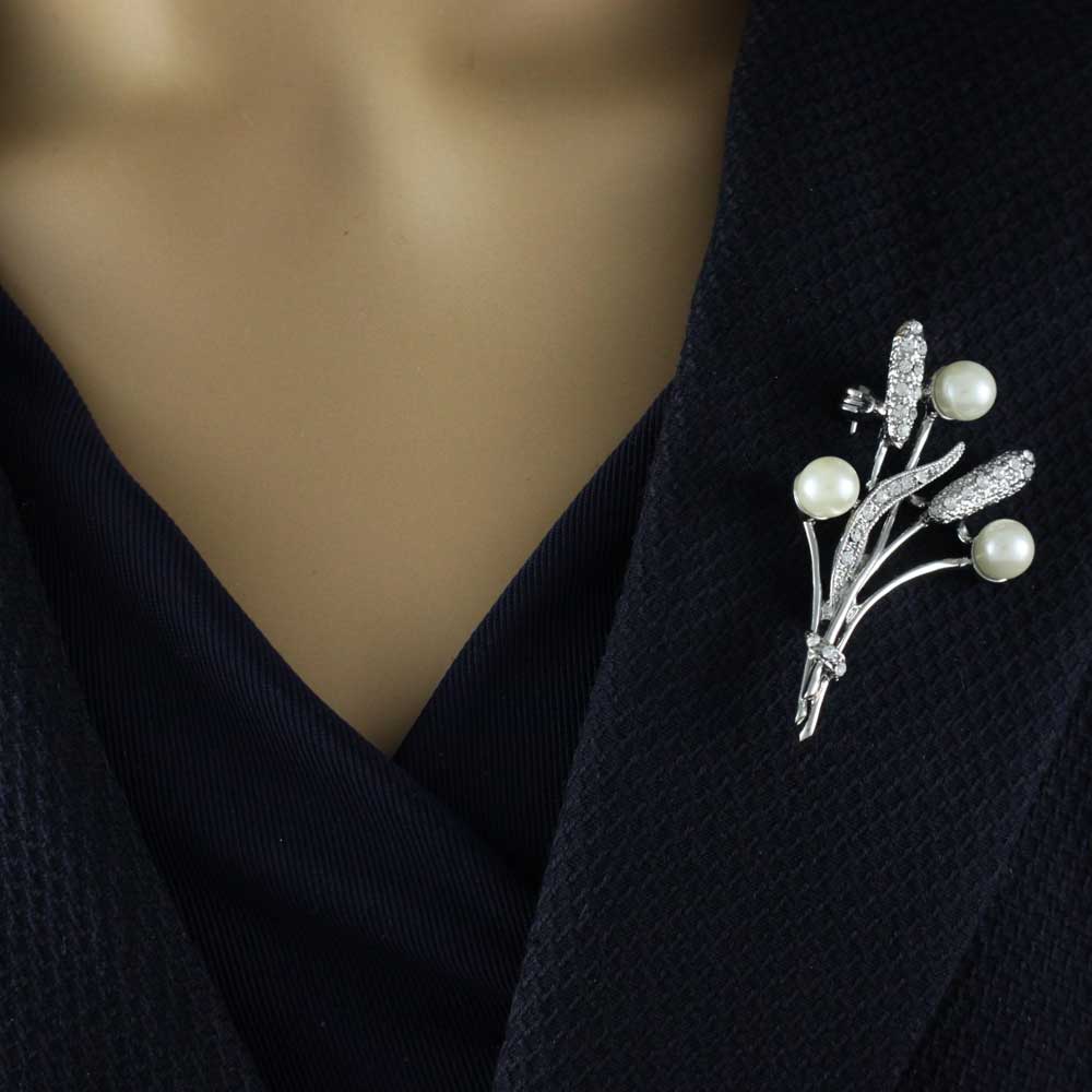 White Pearl Buds with Crystal Cattails and Leaves Brooch Pin - PRP312 - Lilylin Designs