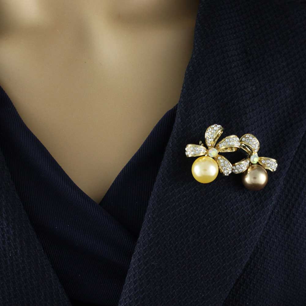 Yellow and Brown Pearl with Crystal Bows Brooch Pin - PRP401 - Lilylin Designs