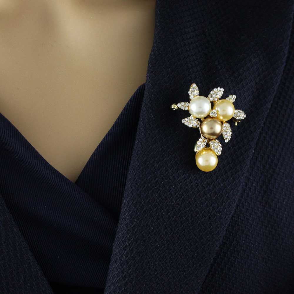 Cream Brown and Yellow Pearls with Crystal Leaves Brooch Pin - PRP402 - Lilylin Designs