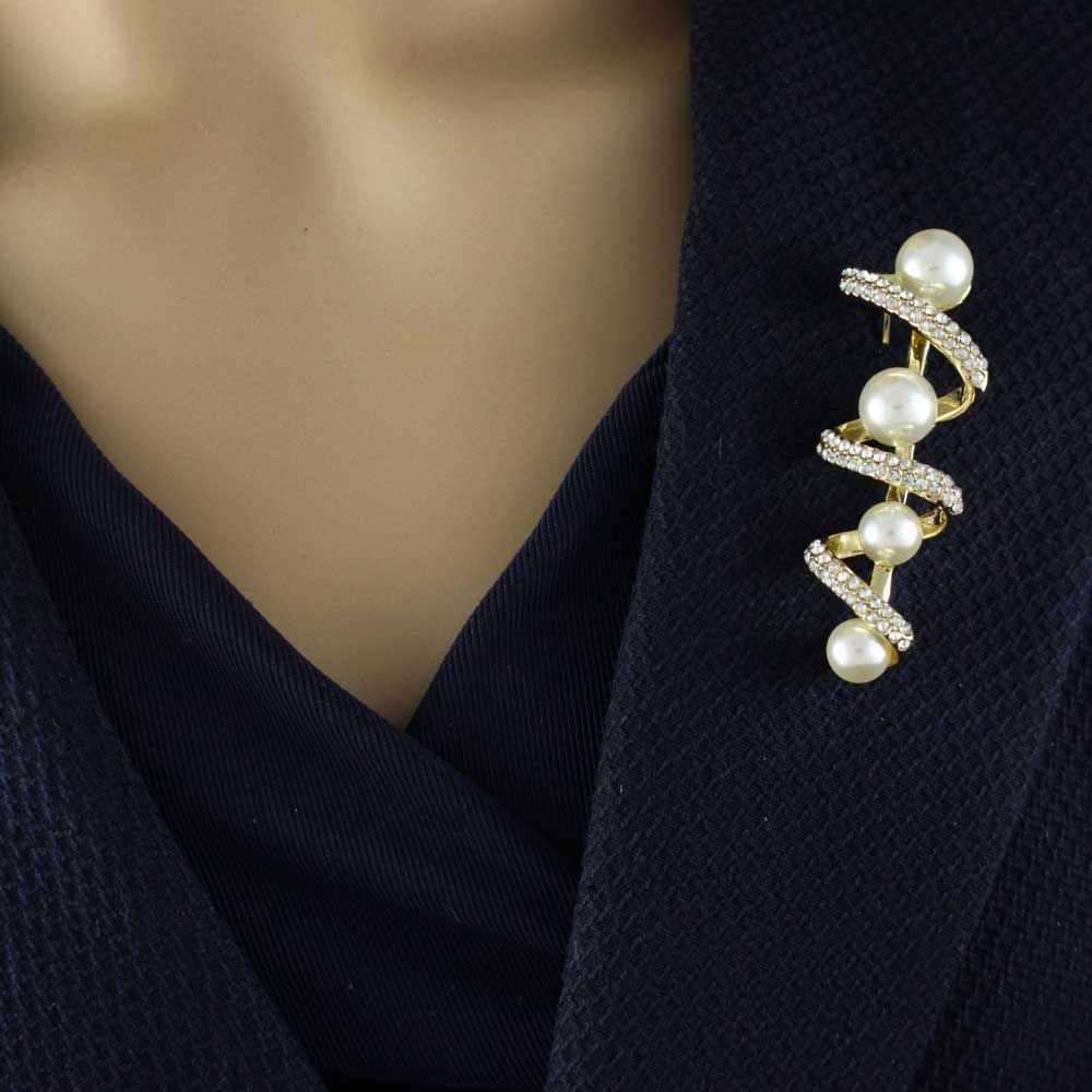 White Pearls on Swirling Crystal Ribbon Brooch Pin - PRP405 - Lilylin Designs