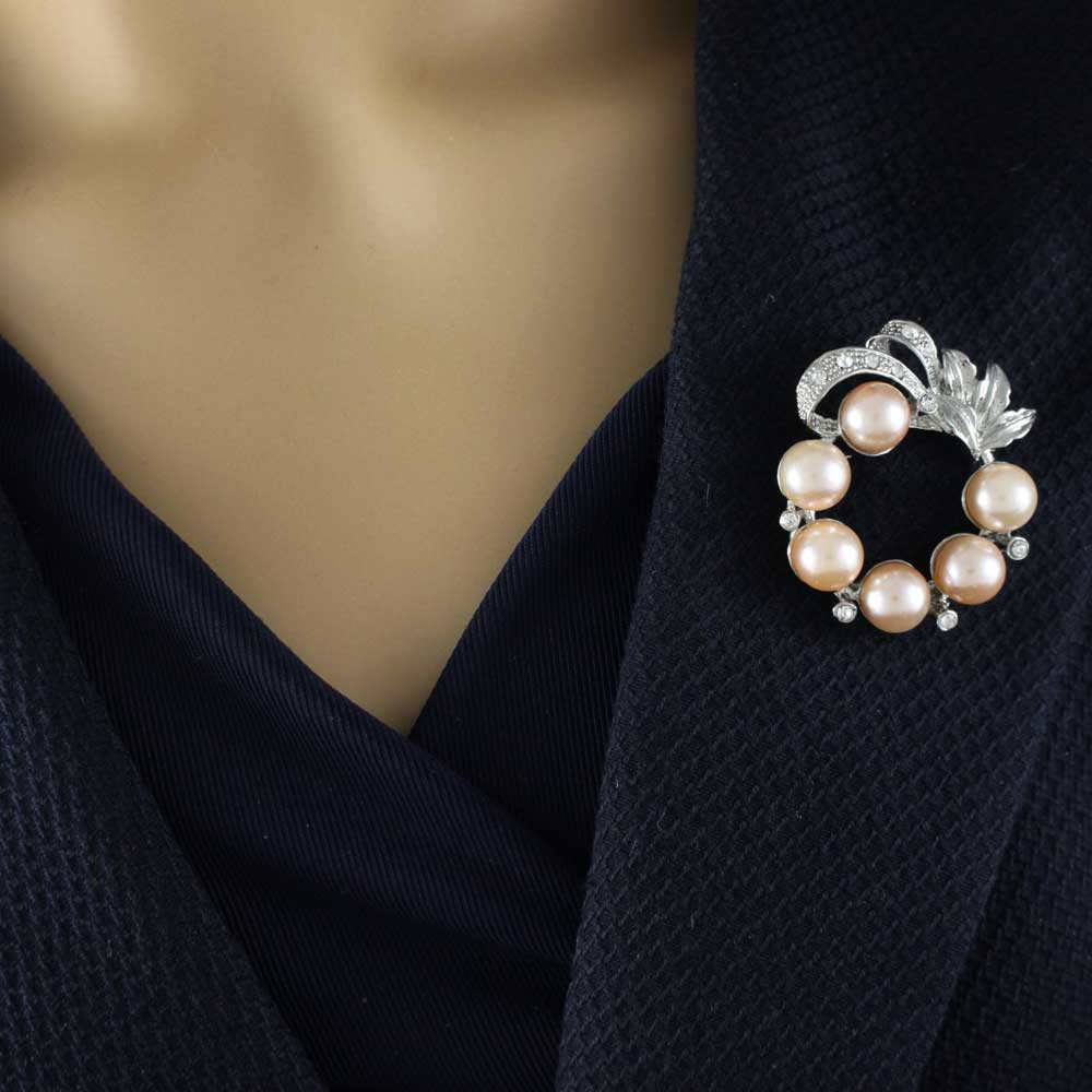 Peach Pearl Wreath with Clear Crystals Brooch Pin - PRP408 - Lilylin Designs
