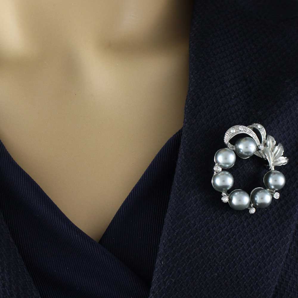 Gray Pearl Wreath with Clear Crystals Brooch Pin - PRP408GY - Lilylin Designs
