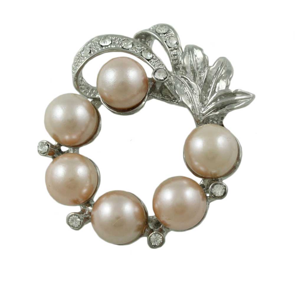 Lilylin Designs Peach Pearl Wreath with Clear Crystals Brooch Pin