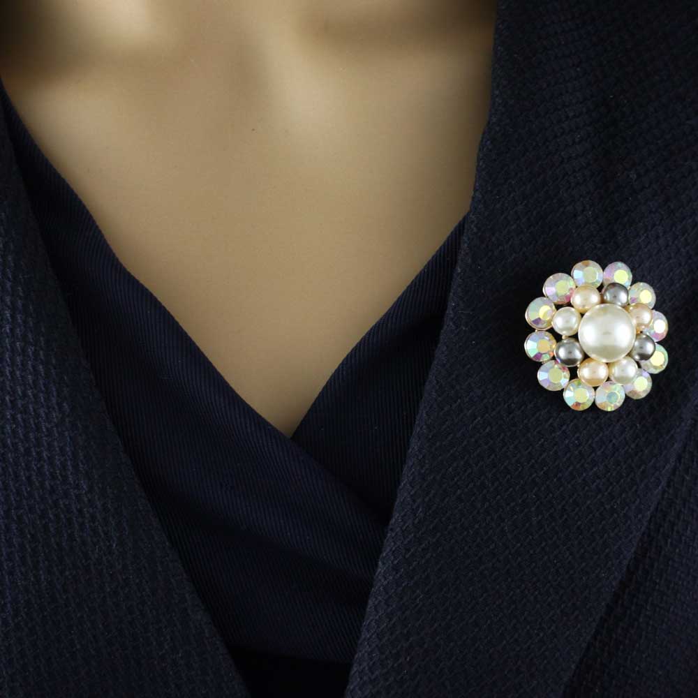 Multi Color Round Pearl with AB Stones Brooch Pin - PRP501 - Lilylin Designs