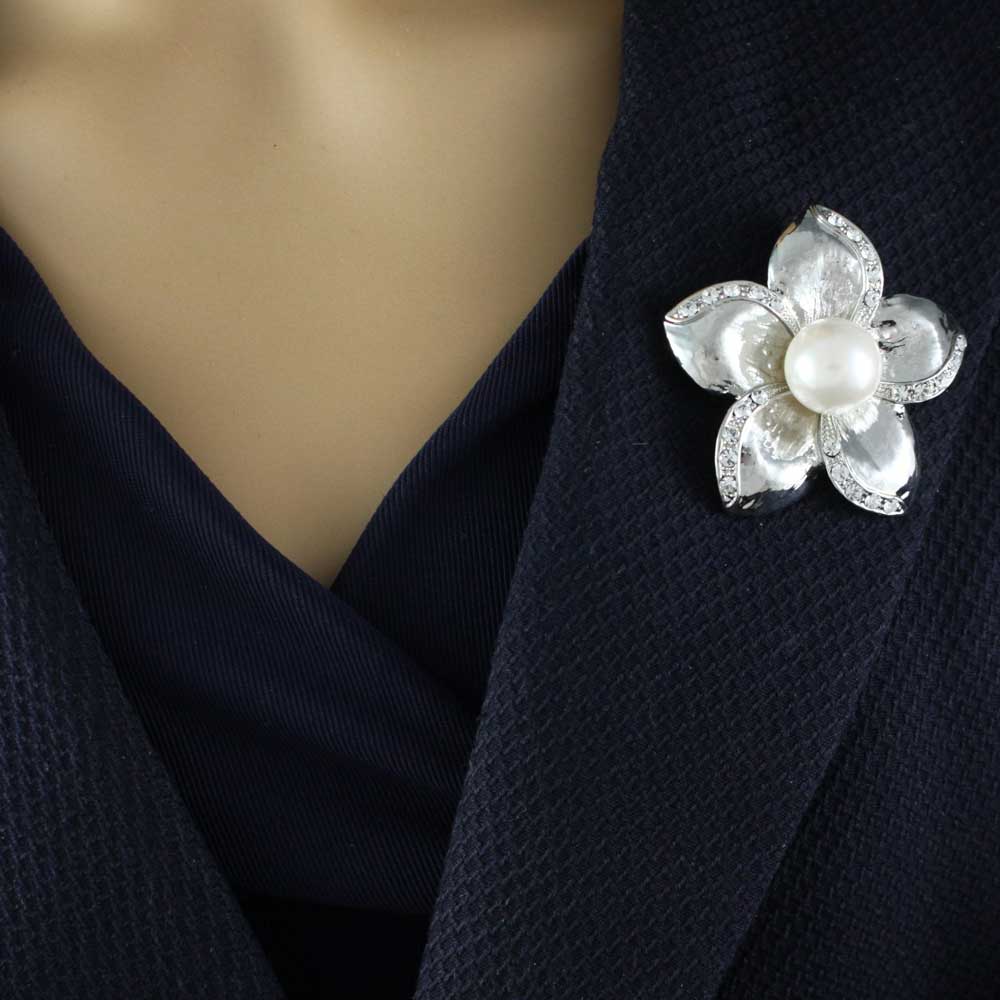 Large White Pearl Brooch Pin with Crystal Flower - PRP619 - Lilylin Designs