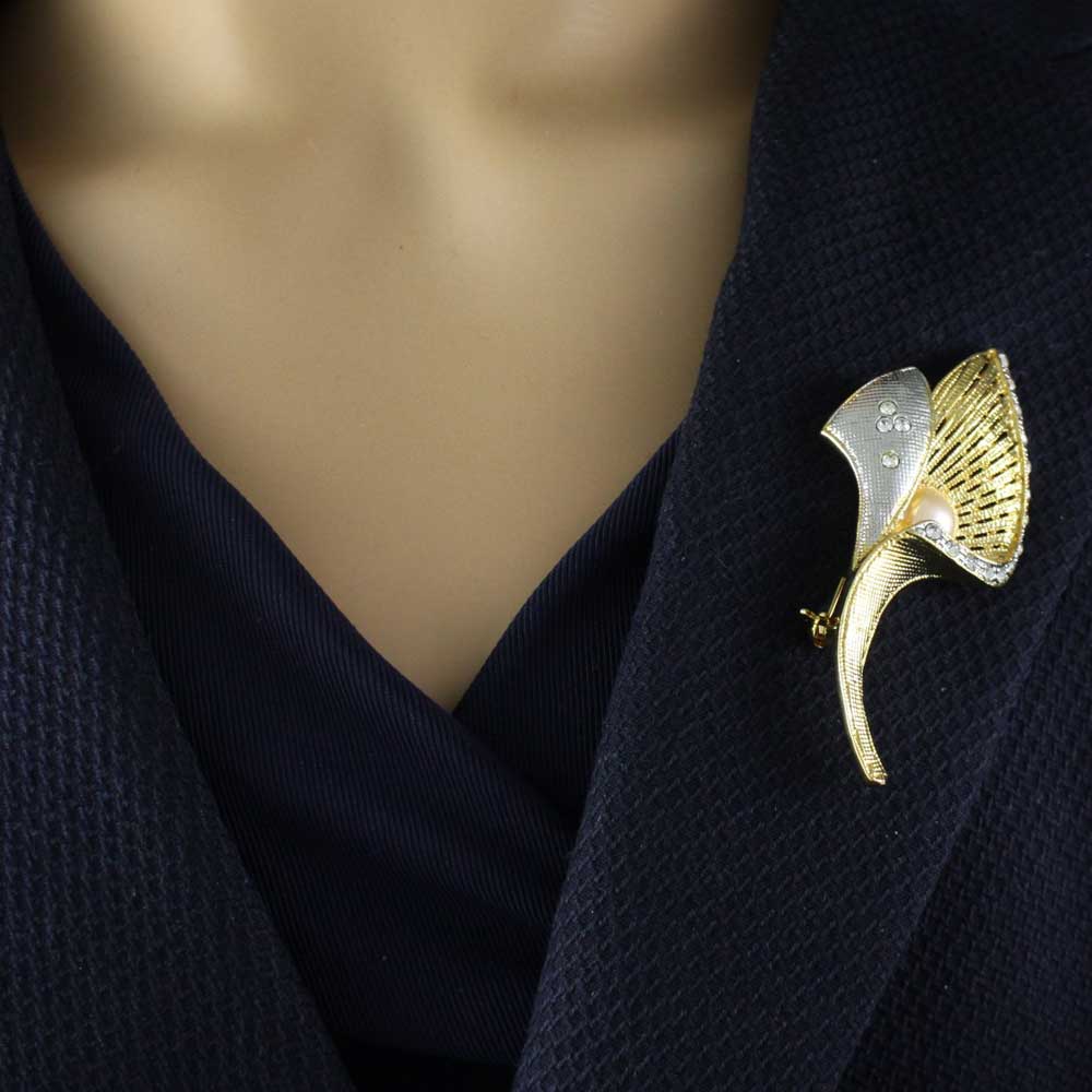 Gold and Silver Tulip with Light Yellow Pearl Brooch Pin - PRP702 - Lilylin Designs