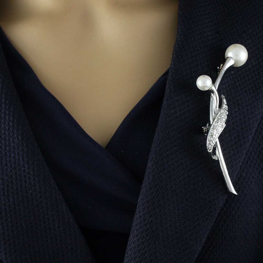 Long Silver Stem with Large White Pearl Buds Brooch Pin - PRP703 - Lilylin Designs