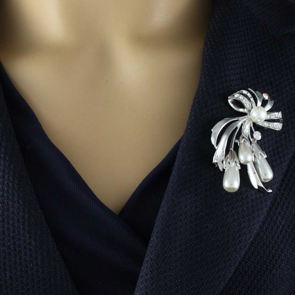 Light Gray Pearls Pin with Dangling Pearl Earring Set - PRP743BS - Lilylin Designs