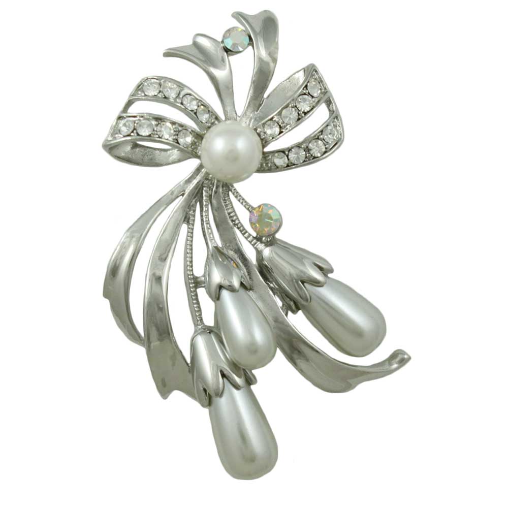Lilylin Designs Crystal Bow with Light Gray Teardrop Pearls Brooch Pin
