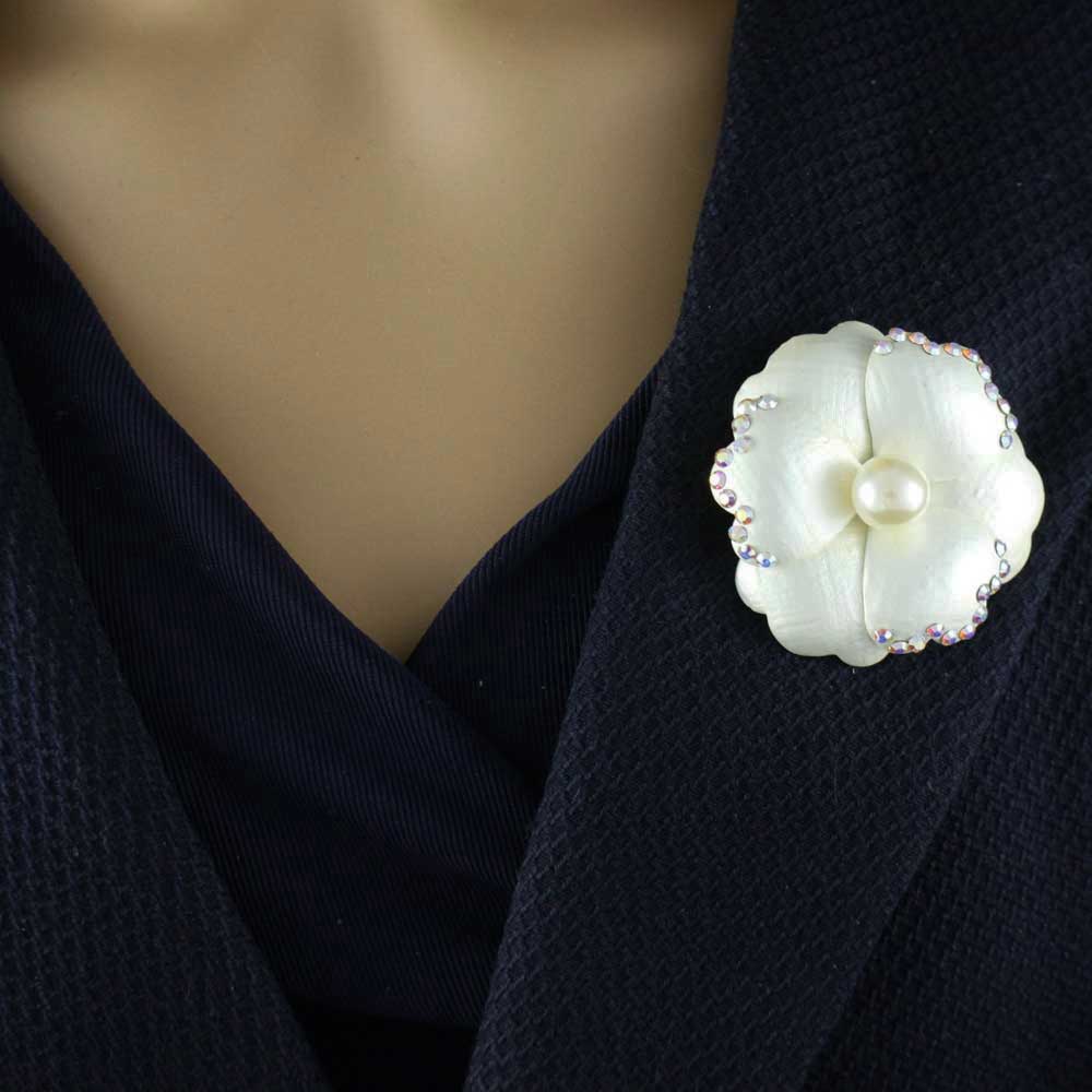 Off White Enamel and Crystal Flower with Pearl Pin - PRP813 - Lilylin Designs