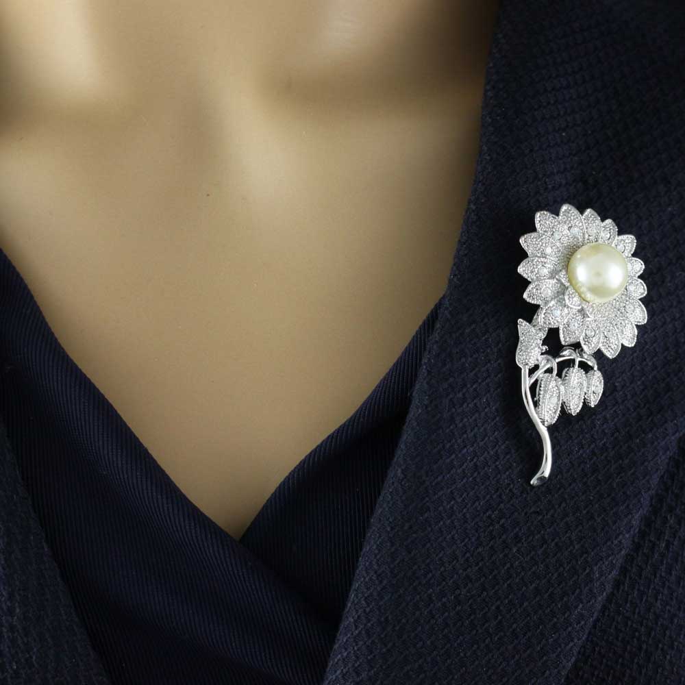 Crystal Sunflower Brooch Pin with Large White Pearl - PRP825 - Lilylin Designs