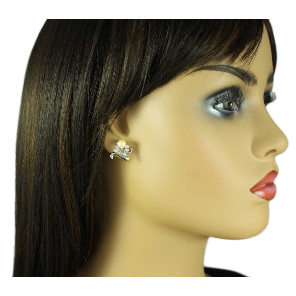 Light Peach Pearl with Crystal Leaves Pierced Earring - PRP915E - Lilylin Designs