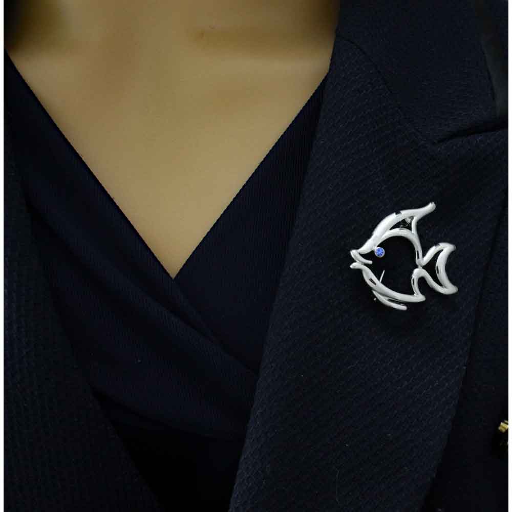 Frosted Silver - tone Open Fish with Blue Eye Brooch Pin - PRS033 - Lilylin Designs