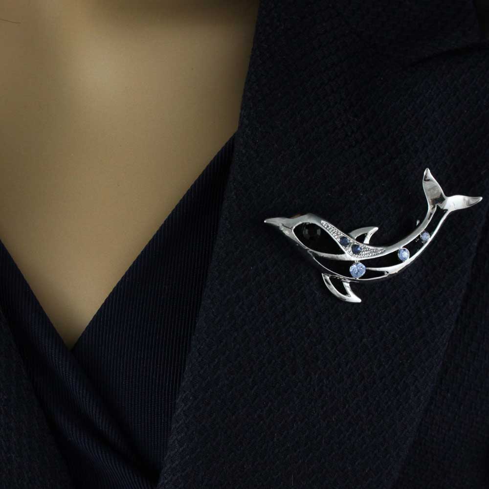 Blue Crystal Cut - out Dolphin Brooch Pin - PRS037 - Lilylin Designs