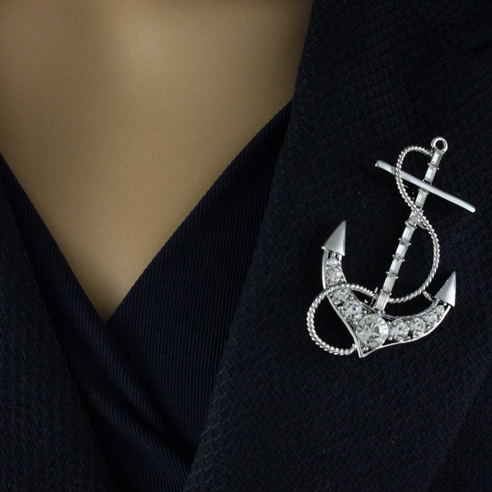 Silver Crystal Anchor with Clear Baguettes Brooch Pin - PRS045 - Lilylin Designs