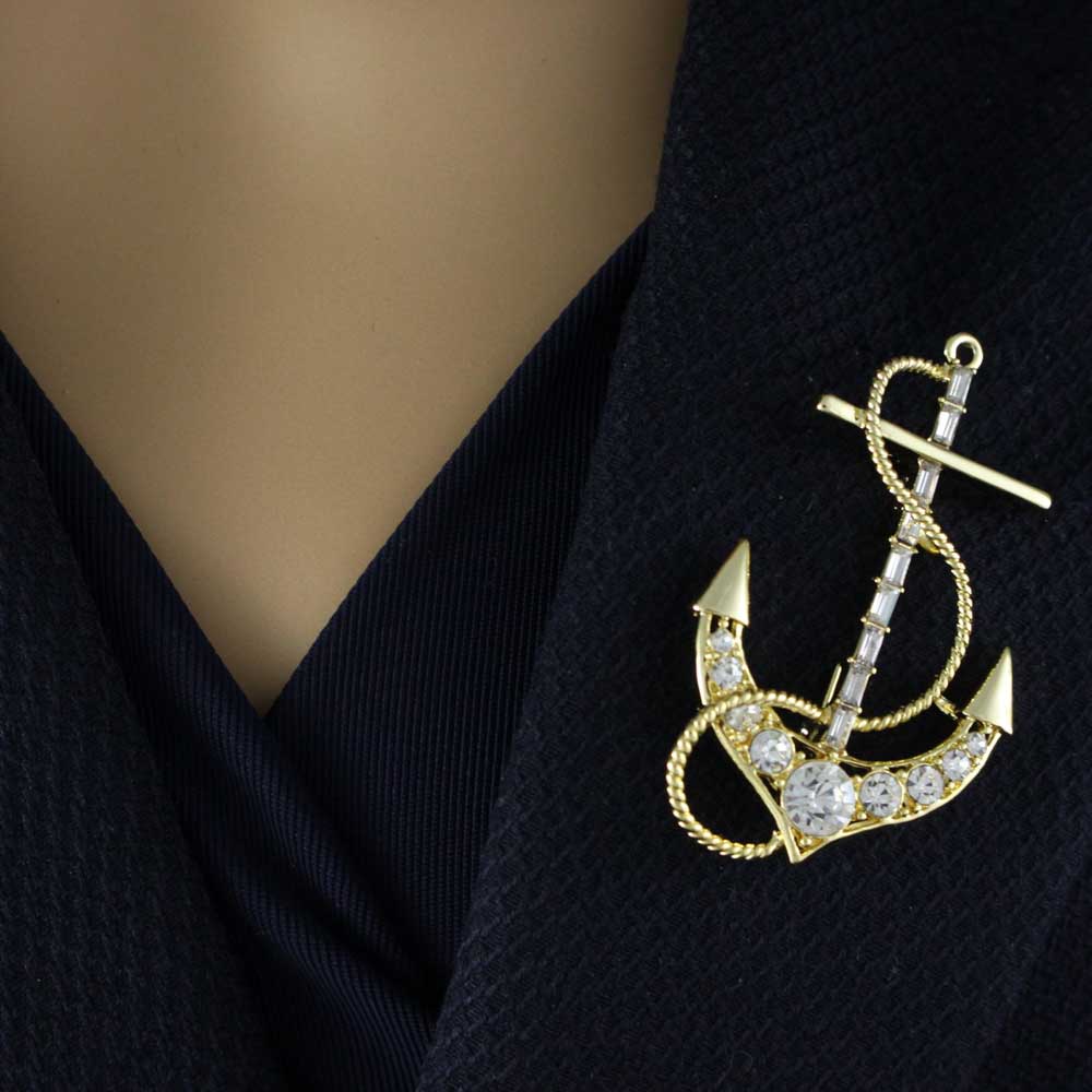 Gold Crystal Anchor with Clear Baguettes Brooch Pin - PRS045G - Lilylin Designs