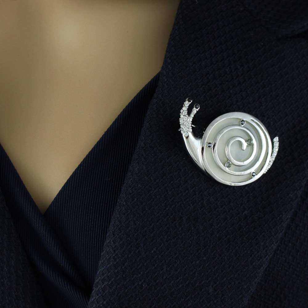 Light Gray Snail with Crystals and Black Eyes Brooch Pin - PRS120A - Lilylin Designs