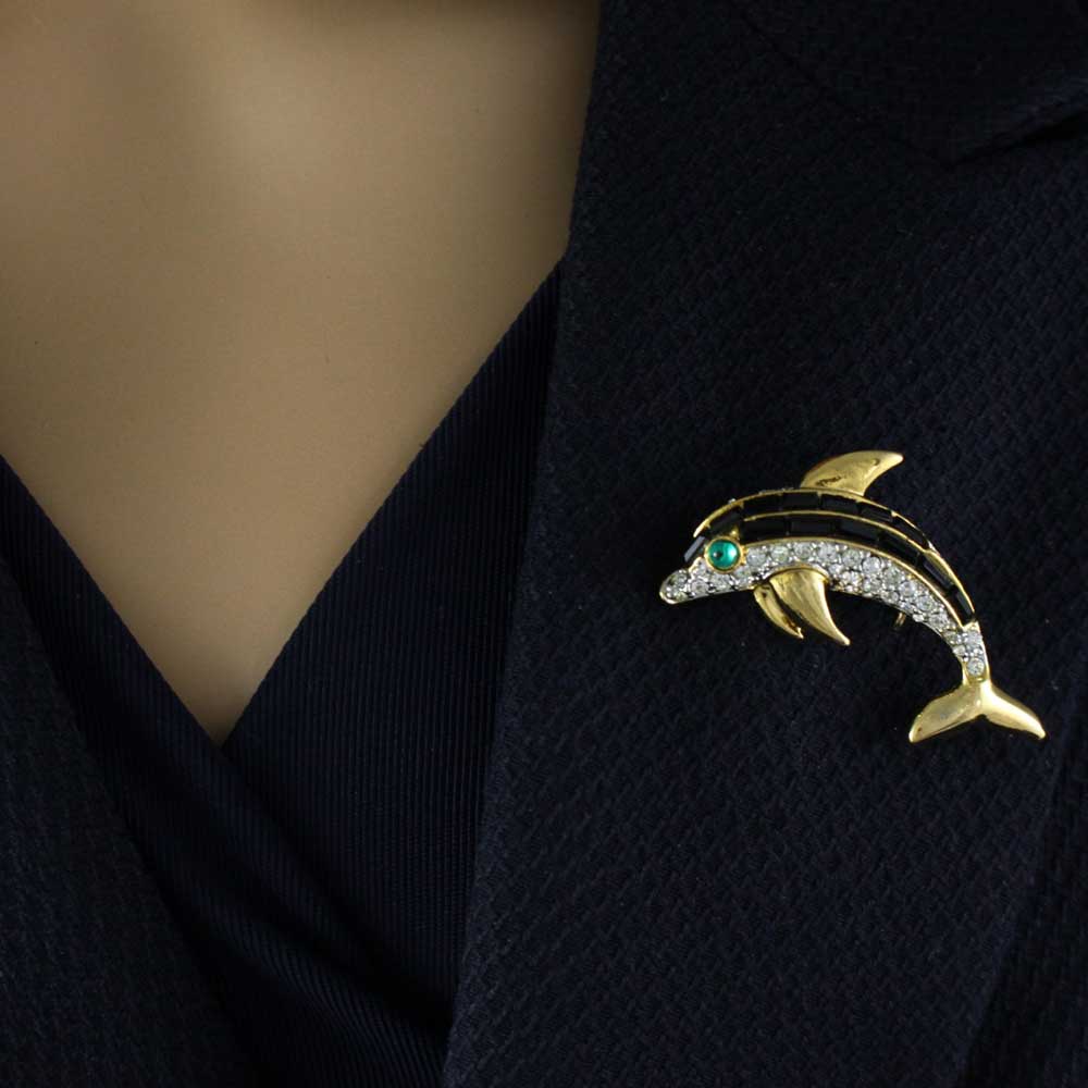 Black Crystal Dolphin with Green Eye Brooch Pin - PRS234B - Lilylin Designs