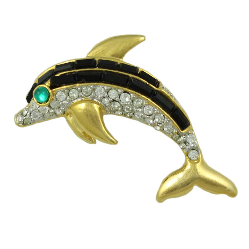 Lilylin Designs Black Crystal Dolphin with Green Eye Brooch Pin