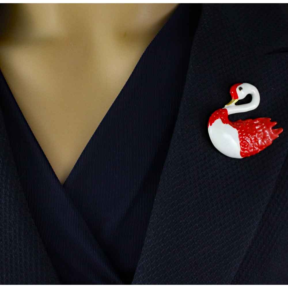 Red and White Enamel Swan Brooch Pin - PRS401 - Lilylin Designs