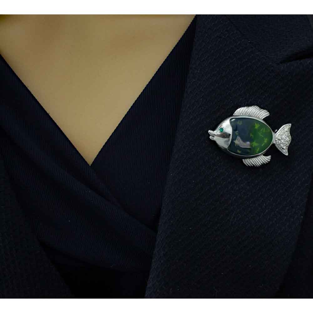 Green Fish with Clear Crystals Brooch Pin - PRS412 - Lilylin Designs