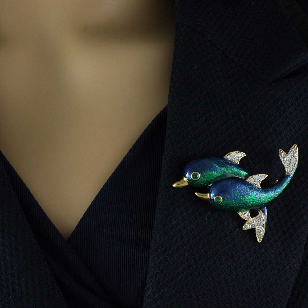 Blue and Green Crystal Pair of Dolphins Brooch Pin - PRS433 - Lilylin Designs
