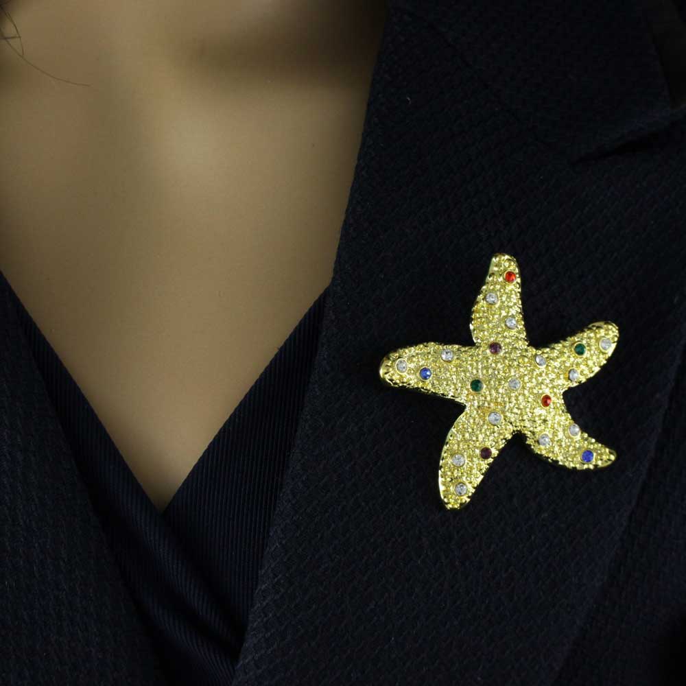Starfish with Clear and Colored Crystals Brooch Pin - PRS446A - Lilylin Designs