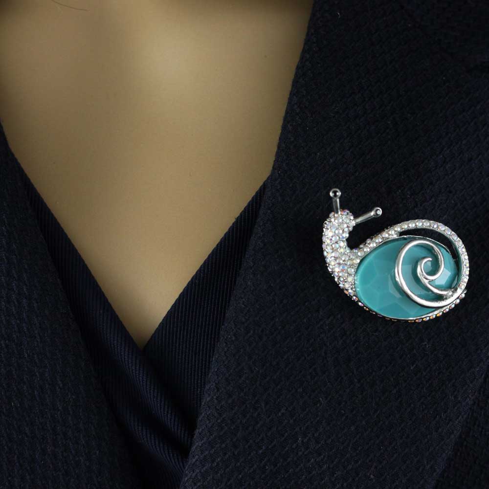 Crystal Snail Brooch Pin with Large Turquoise Blue Stone - PRS456 - Lilylin Designs
