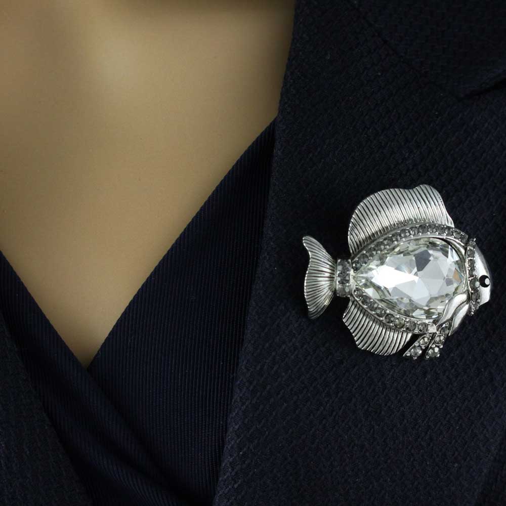 Fish with Mirror Belly and Gray Crystals Brooch Pin - PRS513 - Lilylin Designs