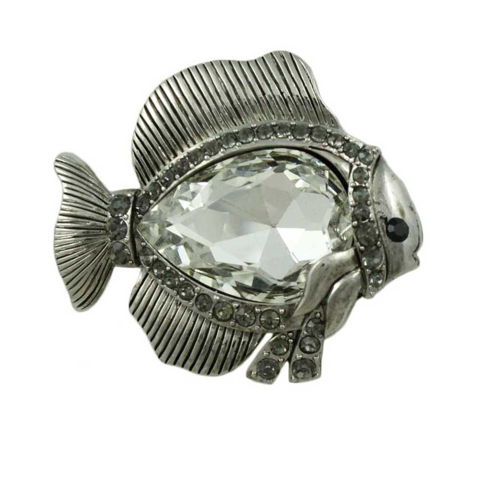Lilylin Designs Fish with Large Clear Glass and Gray Crystals Pin