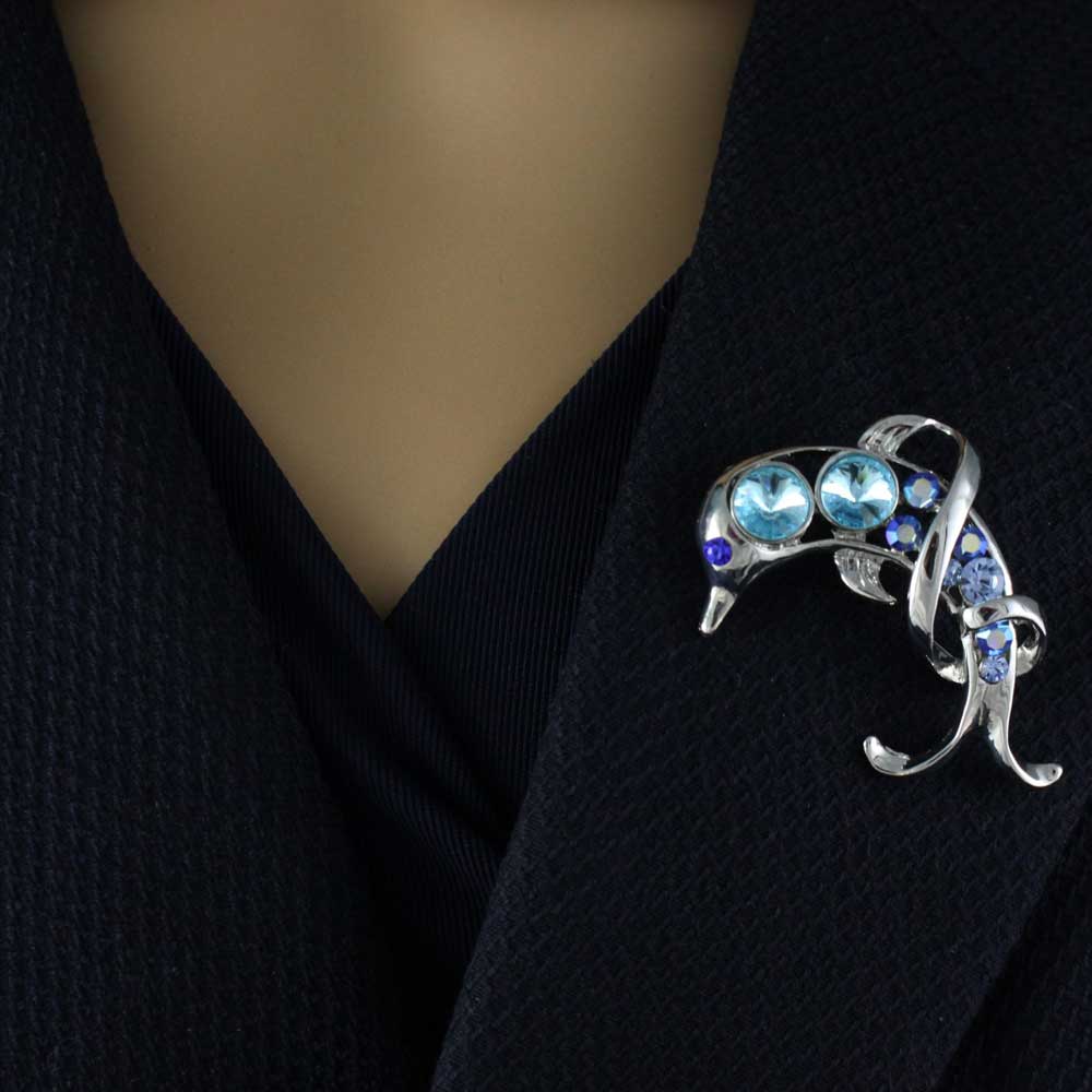 Blue Crystal Dolphin Jumping Waves Brooch Pin - PRS633 - Lilylin Designs