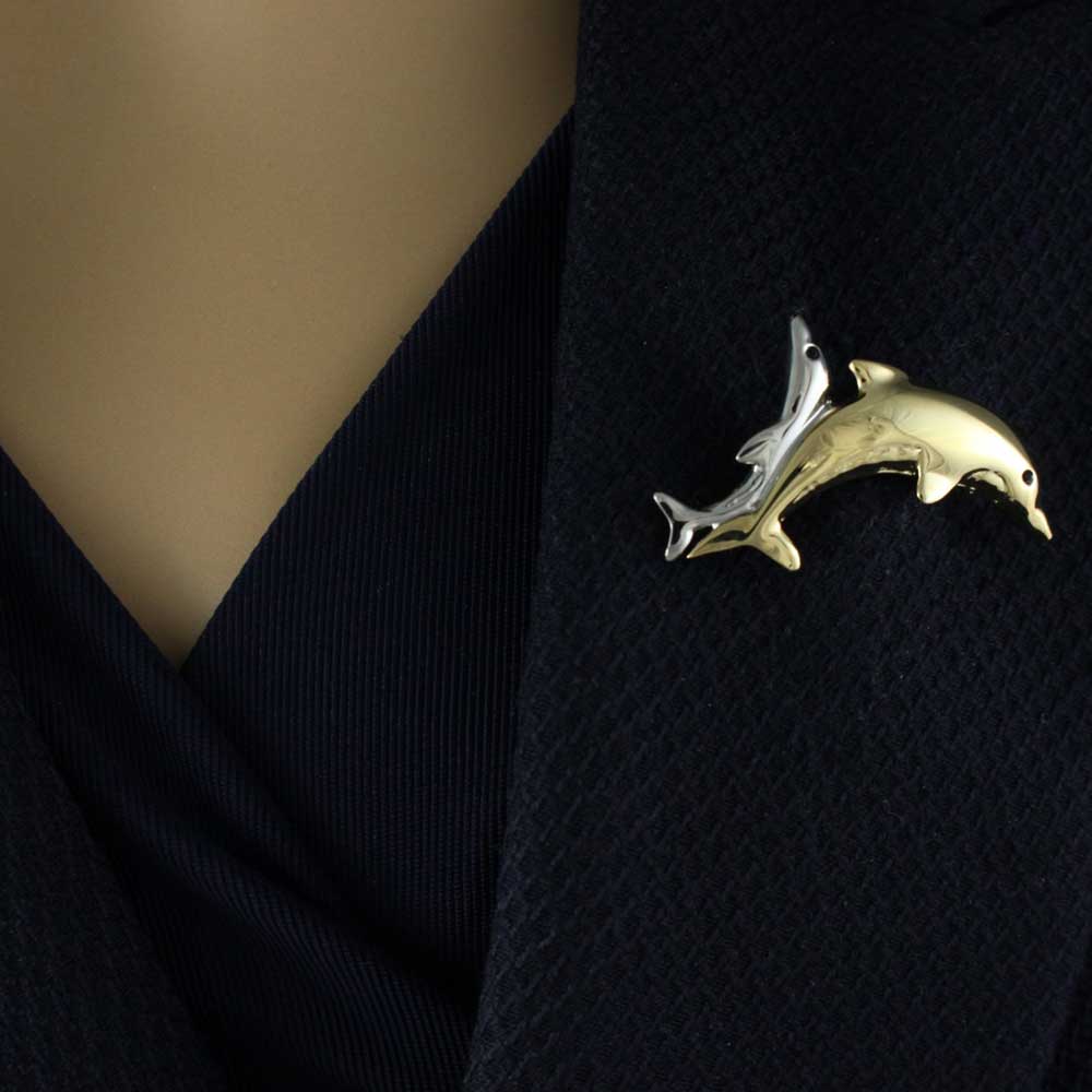 Gold and Silver Piggyback Dolphins Brooch Pin - PRS634 - Lilylin Designs