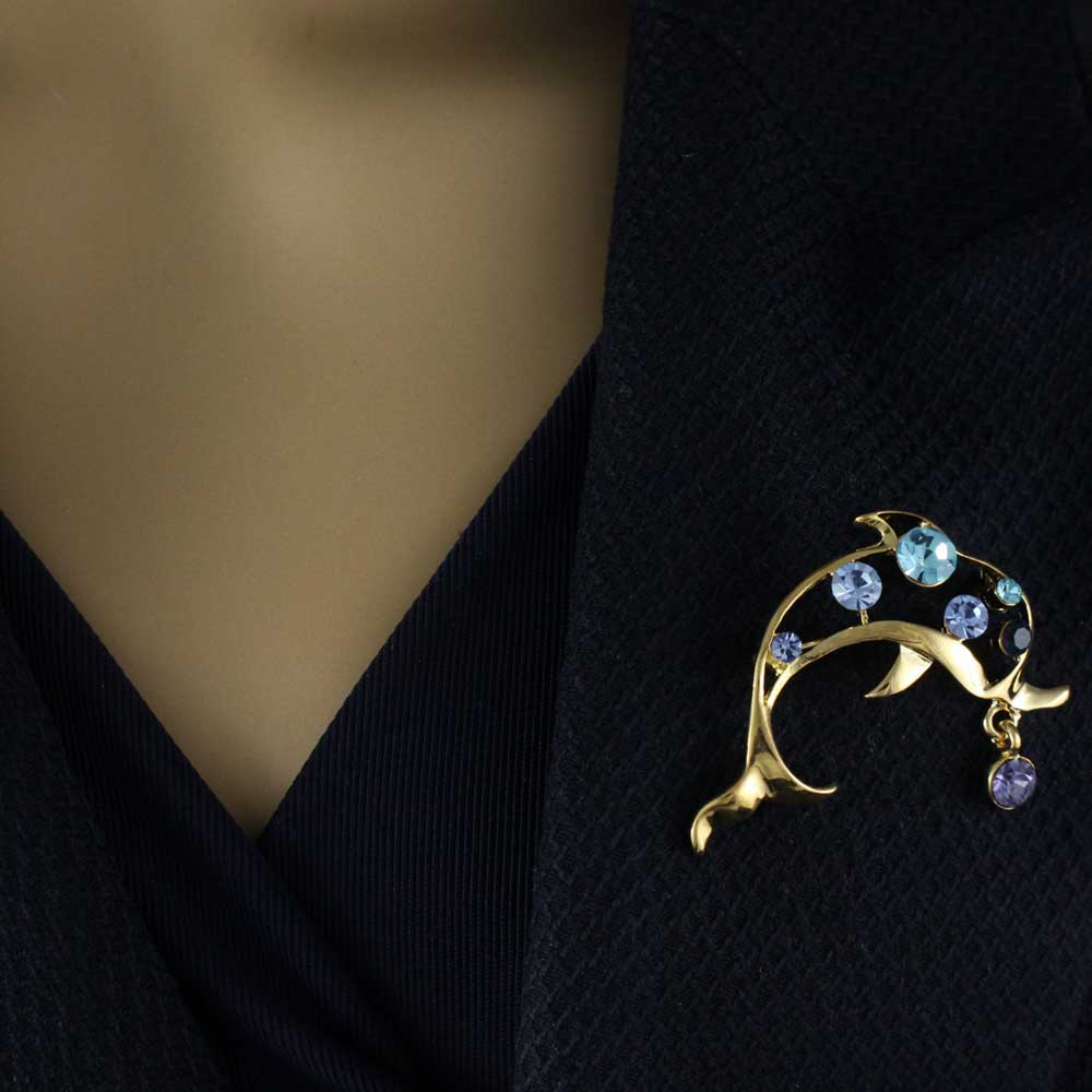 Blue Crystal Dolphin with Purple Crystal Ball Brooch Pin - PRS732 - Lilylin Designs