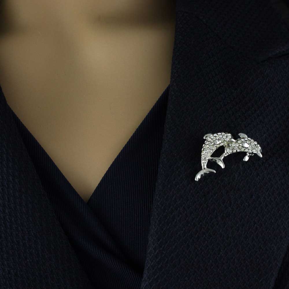Small Pair of Crystal Jumping Dolphins Brooch Pin - PRS736 - Lilylin Designs