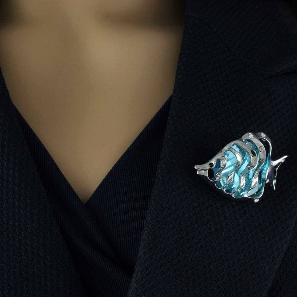 Large Aqua Stone and Crystals Angelfish Brooch Pin - PRS832 - Lilylin Designs