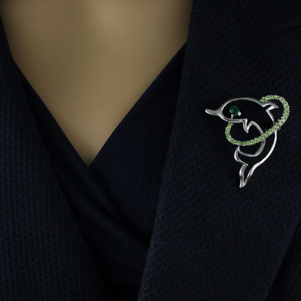 Dolphin with Light Green Crystal Hoop Brooch Pin - PRS833 - Lilylin Designs