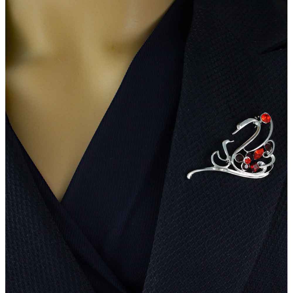 Red Crystals Mom and Baby Swans Brooch Pin - PRS834 - Lilylin Designs