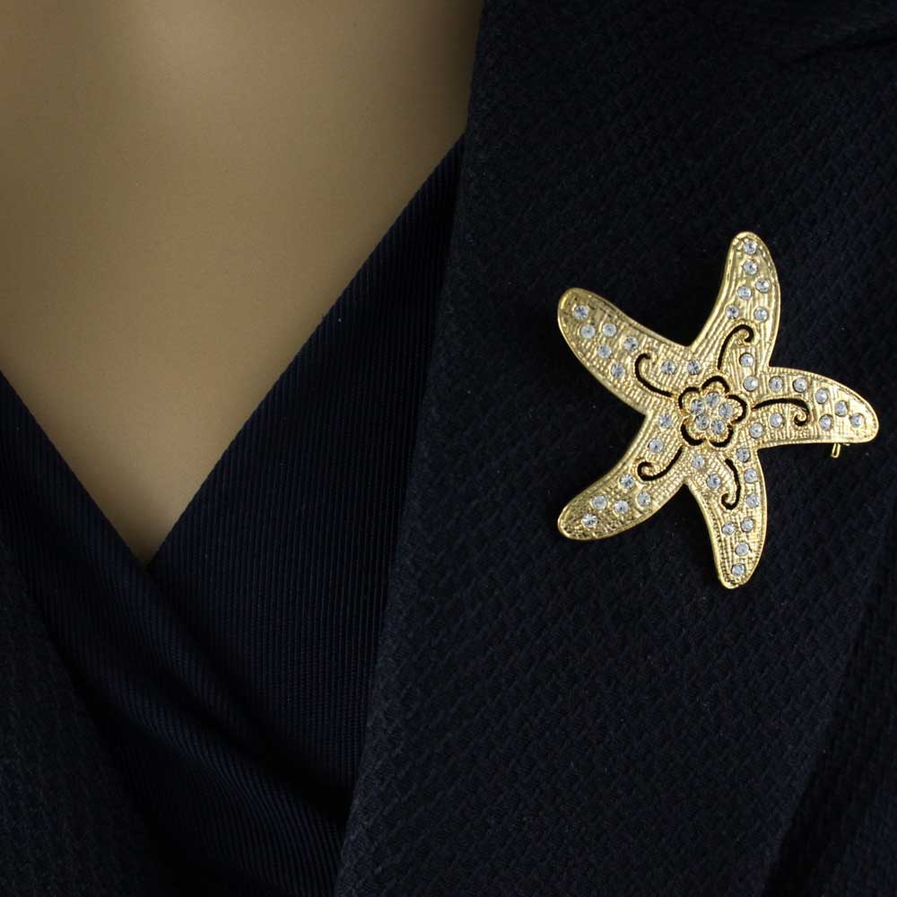 Gold Starfish with Clear Crystals and Flower Brooch Pin - PRS946 - Lilylin Designs
