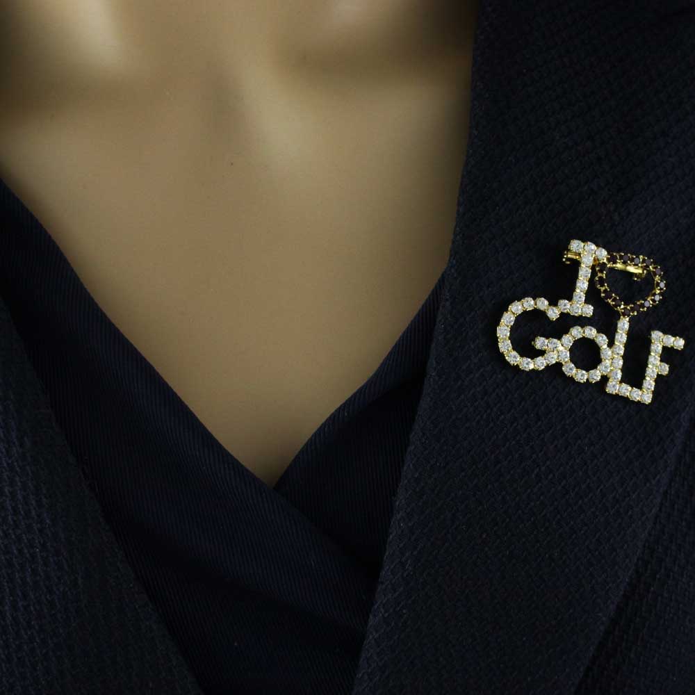 Gold - plated Clear and Red Crystal I Love Golf Brooch Pin - PRT434 - Lilylin Designs