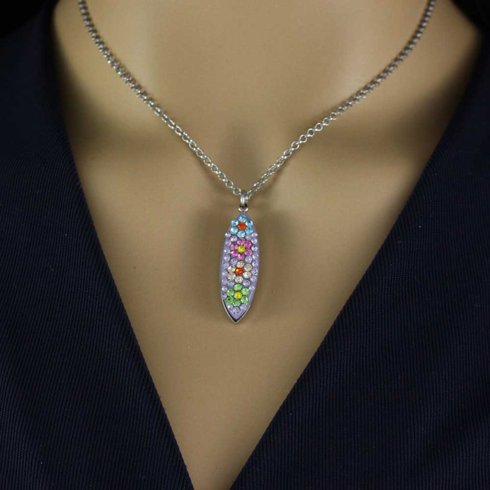Model with Lilylin Designs Purple Encrusted Crystal Flowers Pendant with Chain