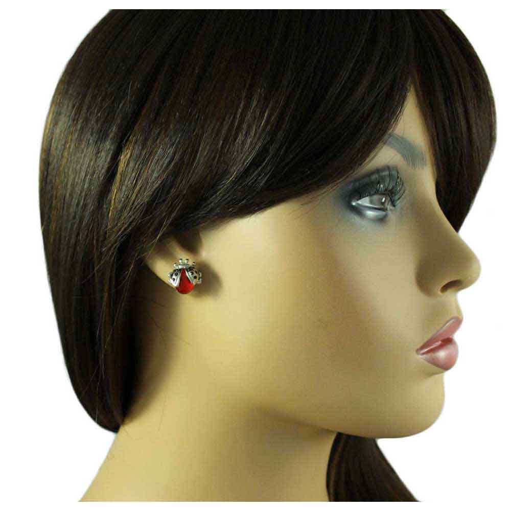 Red Crystal Ladybug Stud Pierced Earring - PT023E - Lilylin Designs