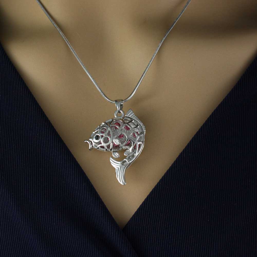 Pink Crystal 3D Fish Pendant on Silver - tone Chain - PT103 - Lilylin Designs