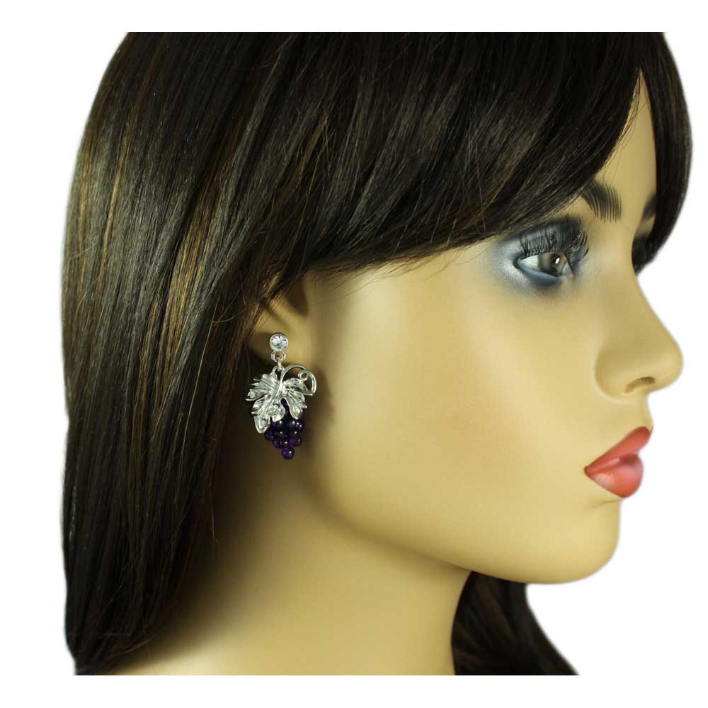 Purple Grapes with Silver Leaves Dangling Pierced Earring - PT202E - Lilylin Designs