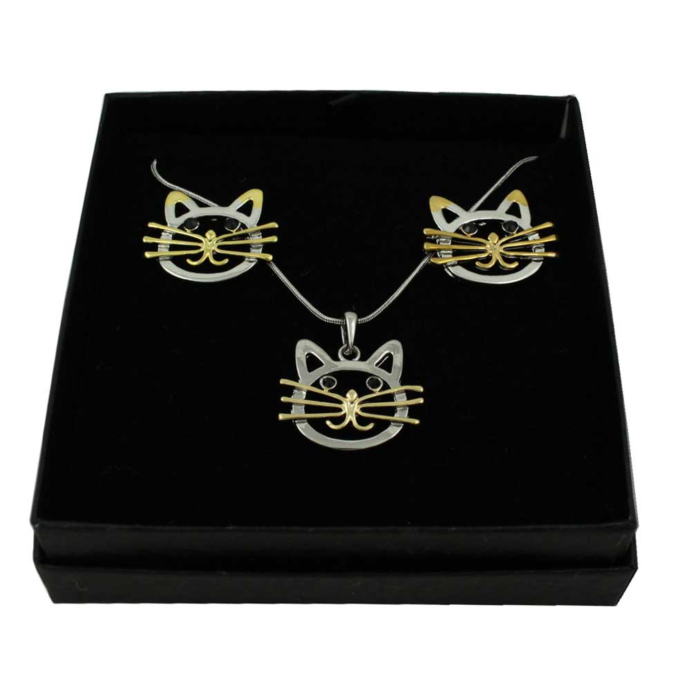 Silver and Gold Cat Face Necklace and Pierced Earring Gift Set - Lilylin Designs
