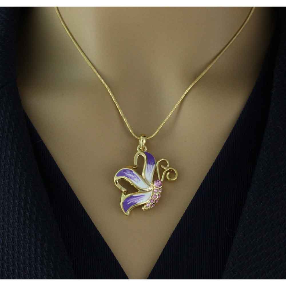 Purple Enamel and Crystal Butterfly Pendant with Gold Chain - PT328 - Lilylin Designs
