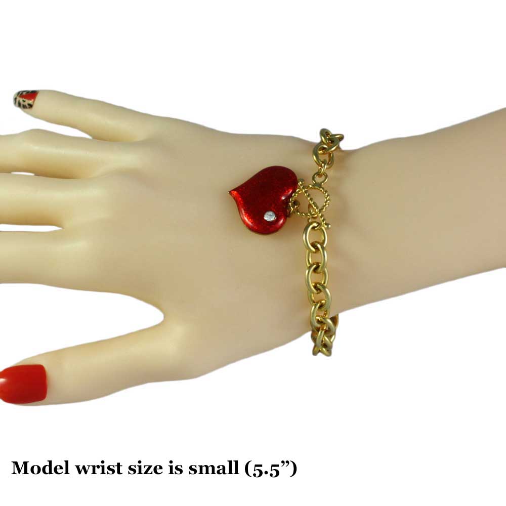Link Bracelet with Red Enamel and Crystal Heart Charm - PT330B - Lilylin Designs