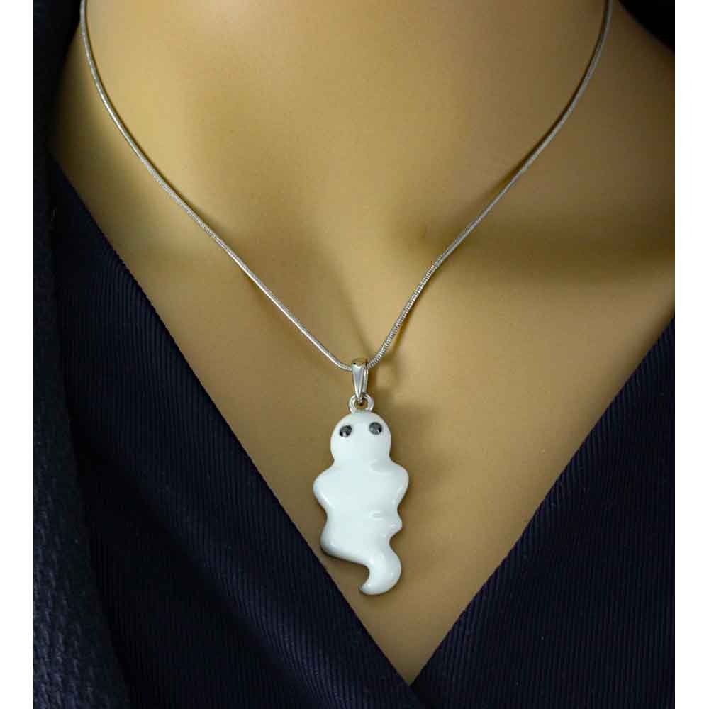 White Enamel Ghost Pendant with Silver - tone Chain - PT332 - Lilylin Designs
