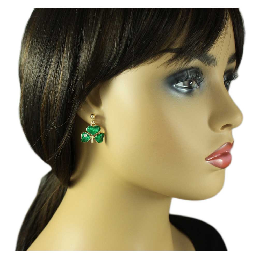 Green Enamel Shamrock Clover Dangling Pierced Earring - PT333E - Lilylin Designs