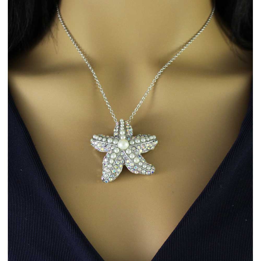 Pearls and Crystals Starfish Pendant on Silver - tone Chain - PT337P - Lilylin Designs