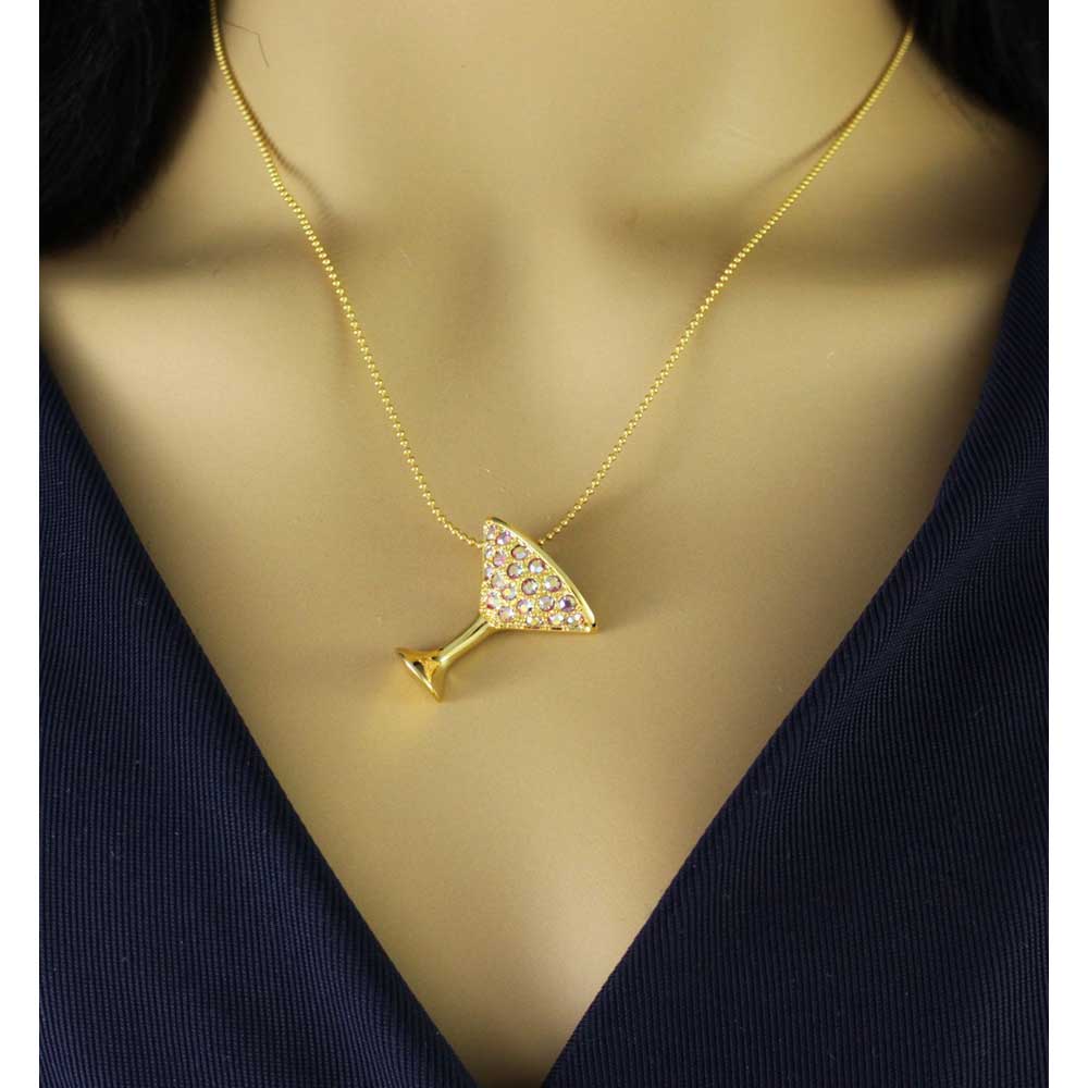 Pink AB Crystals Martini Glass Pendant on Gold Chain - PT402A - Lilylin Designs